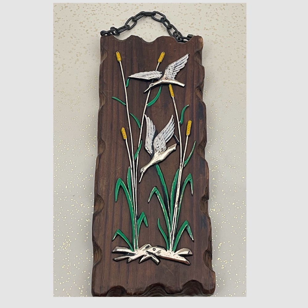 Vintage 1960s wall plaque, W. Germany, painted raised metal artwork on wood